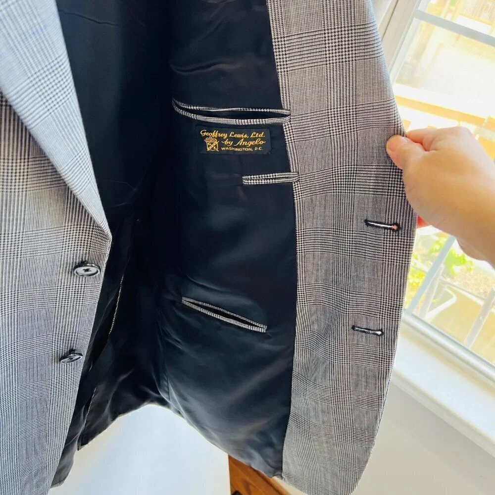 H. Freeman plaid suit, classic pleated pants, black/gray,
